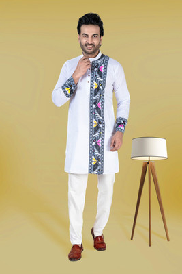 FRANSCART Men Self Design Straight Kurta(White, Black)