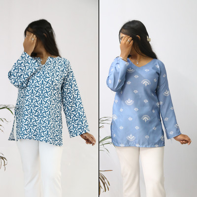 aanzri Women Printed A-line Kurta(Light Blue)