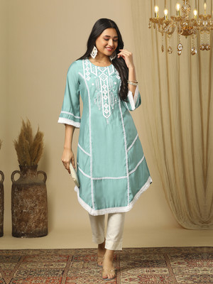 Globus Women Chikan Embroidery A-line Kurta(Green)