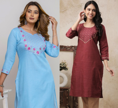 AuzaSho Collection Women Embroidered Straight Kurta(Blue, Maroon)