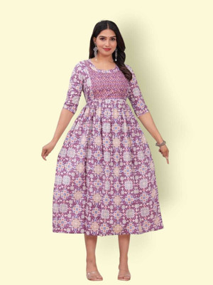 Gora Laxmi Women Printed Anarkali Kurta(Purple)