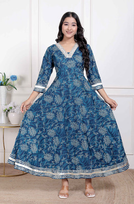 MIRAVAN Women Printed Anarkali Kurta(Blue)