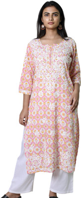 myplusfashion Women Embroidered Straight Kurta(Orange)