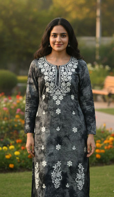 ChikankariArts Women Chikan Embroidery, Printed Straight Kurta(Black)