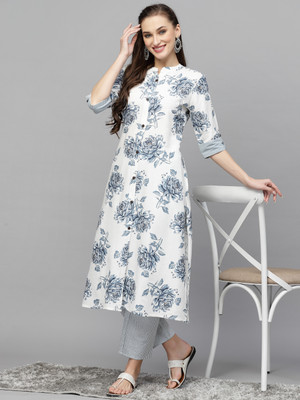 Stylum Women Floral Print A-line Kurta(White)