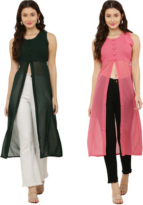 VESICLE Women Solid Frontslit Kurta(Green, Pink)