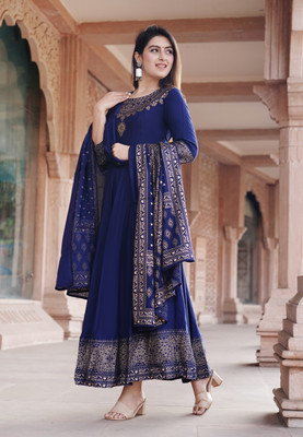 SkyAsia Women Printed Anarkali Kurta(Dark Blue)