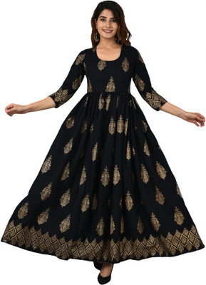 TARUBI Women Printed Anarkali Kurta(Black)