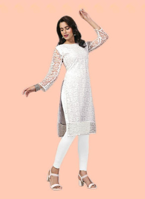 Manthan Creation Women Self Design A-line Kurta(White)