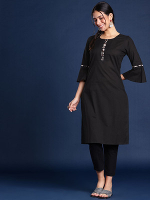 Taavi Women Printed A-line Kurta(Black)