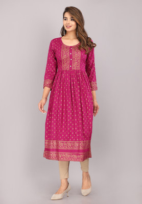 MUHAL Women Printed, Chikan Embroidery Straight Kurta(Purple)