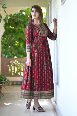 aerotick Women Printed Anarkali Kurta(Maroon)