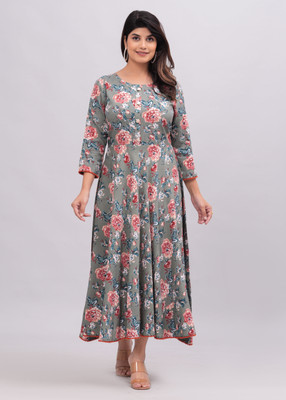 DAMMODE Women Floral Print Anarkali Kurta(Grey)