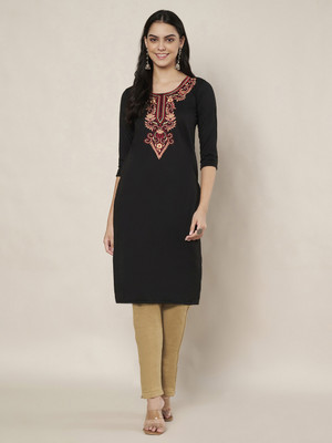 Trend Level Women Embroidered Straight Kurta(Black)