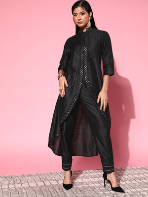 Shae by SASSAFRAS Women Embroidered Asymmetric Kurta(Black)