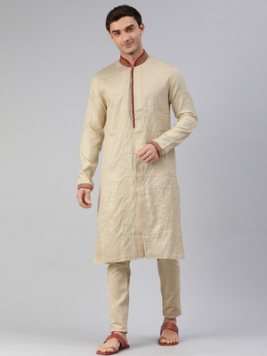 Manthan Men Self Design Straight Kurta(Beige)