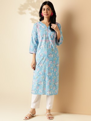 VBUYZ Women Floral Print Straight Kurta(Blue)