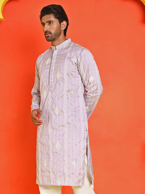 Jompers Men Embroidered Straight Kurta(Purple)
