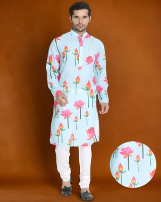 Svatantra Men Printed Straight Kurta(Light Blue)