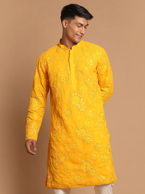 VASTRAMAY Men Embroidered Straight Kurta(Yellow)