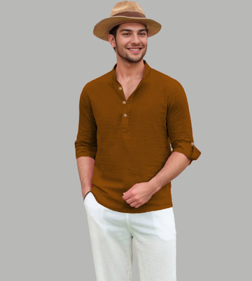 UNIFAV Men Solid Straight Kurta(Brown)