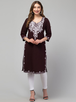 CROWN KING GARMENTS Women Embroidered Straight Kurta(Brown)
