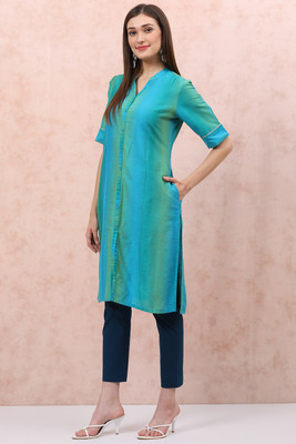 RANGRITI Women Dyed/Ombre Straight Kurta(Light Blue)