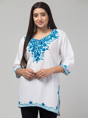ILMA CREATION Women Embroidered A-line Kurta(White, Blue)