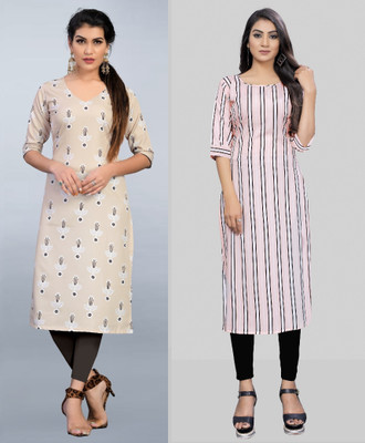 maruti fab Women Striped, Floral Print Straight Kurta(Beige, White)