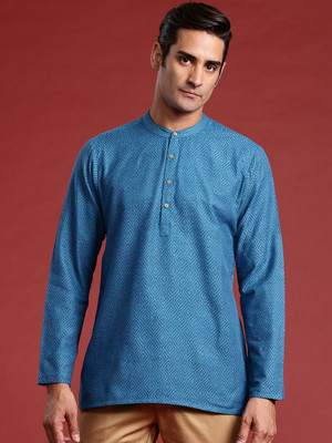 ANOUK Men Geometric Print Straight Kurta(Blue)
