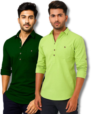 CROWNTAIL Men Solid Straight Kurta(Green, Light Green)