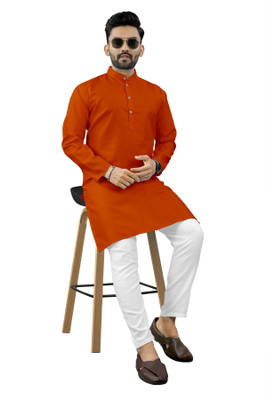 FREYA CREATION Men Solid Straight Kurta(Orange)