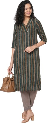 FUSION BEATS Women Striped Straight Kurta(Green)