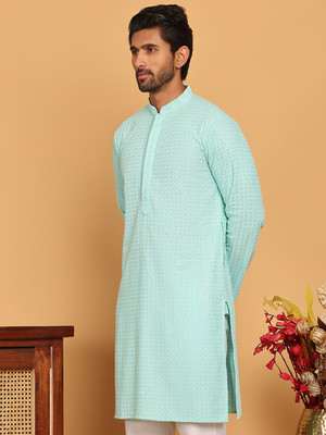 Jompers Men Embroidered Straight Kurta(Light Blue)