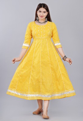 Highlight fashion export Women Leheriya A-line Kurta(Yellow)