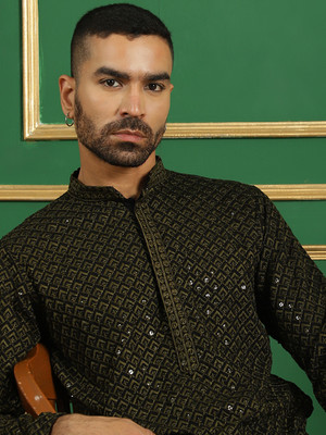 Jompers Men Embroidered Straight Kurta(Dark Green)