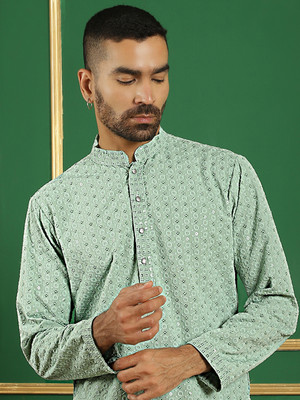 Jompers Men Embroidered Straight Kurta(Green)