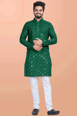 shreeram Men Embellished Straight Kurta(Green)