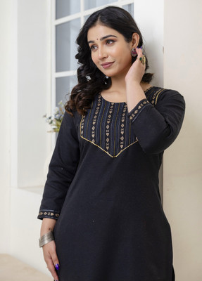 Auzanoor Collection Women Printed Straight Kurta(Black)