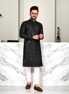 Biswas Trends Men Embroidered, Embellished Straight Kurta(Black)