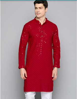 Bruttlyn Men Self Design A-line Kurta(Red)