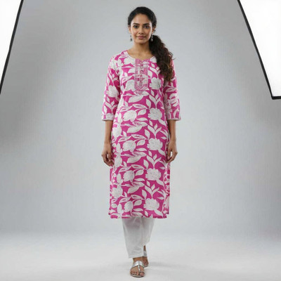 bikree Enterprise Women Floral Print, Embroidered, Printed Straight Kurta(Pink)