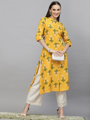 Stylum Women Floral Print A-line Kurta(Yellow)