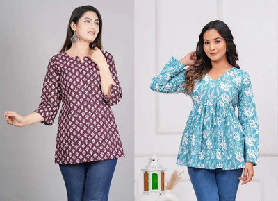 ARZOO Women Floral Print Flared Kurta(Maroon, Blue)