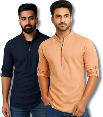RAREMARK Men Solid Straight Kurta(Dark Blue, Light Green)