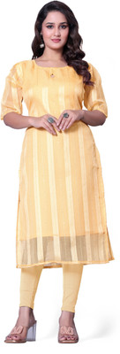 VHCK ENTERPRISE Women Embroidered A-line Kurta(Yellow)