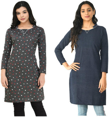 Indeweaves Women Floral Print A-line Kurta(Dark Blue, Grey)