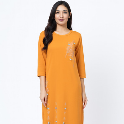 Navjo singh Women Embellished, Embroidered Straight Kurta(Yellow)