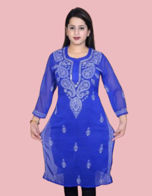 KKHASHER Women Embroidered Straight Kurta(Blue)