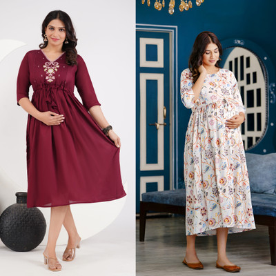 Khoj Bagda Women Printed Anarkali Kurta(Maroon)